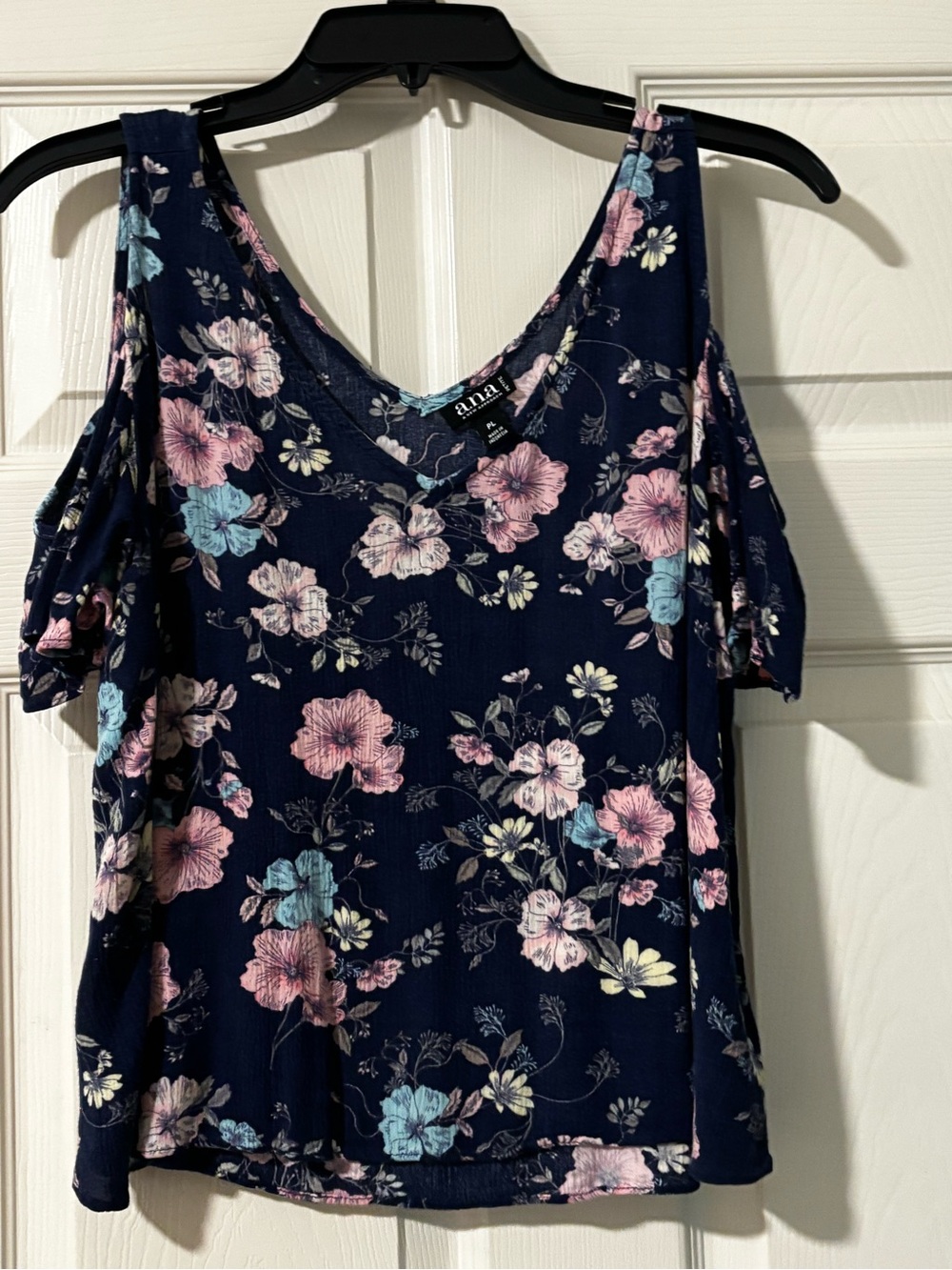 a.n.a Navy Cold-Shoulder Floral Tank with Pink & Light Blue Blooms